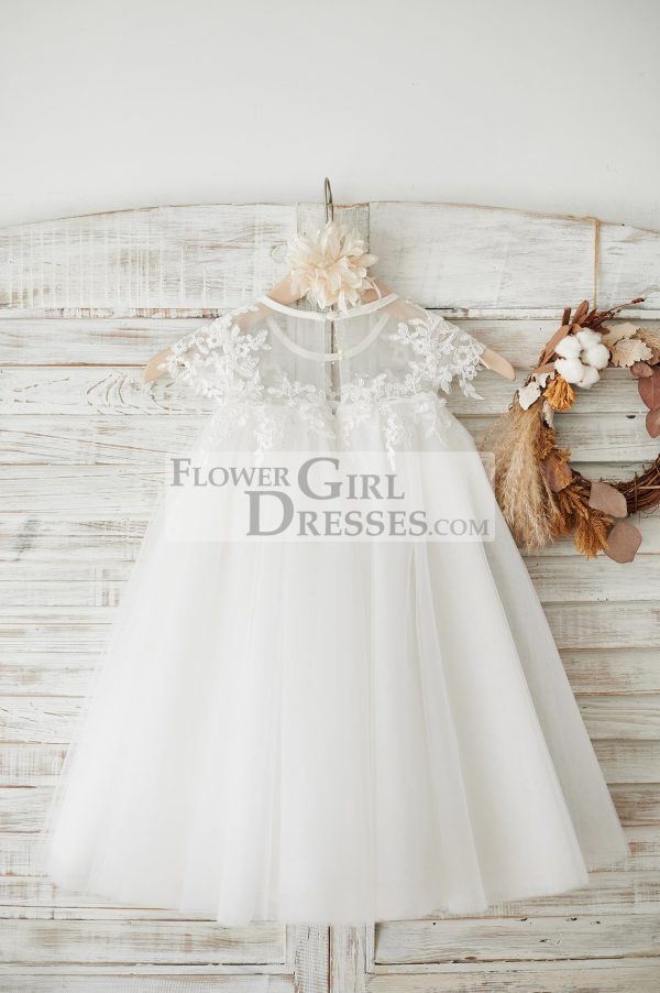 Boho Beach Sheer Neck Ivory Tulle Lace Wedding Flower Girl Dress - Image 2
