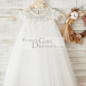 Boho Beach Sheer Neck Ivory Tulle Lace Wedding Flower Girl Dress