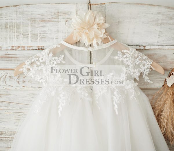 Boho Beach Sheer Neck Ivory Tulle Lace Wedding Flower Girl Dress - Image 4