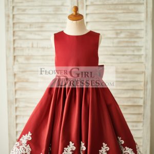 Burgundy Satin Ivory Lace Keyhole Back Wedding Flower Girl Dress