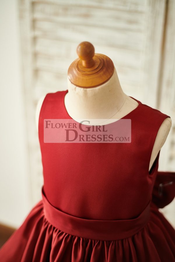 Burgundy Satin Ivory Lace Keyhole Back Wedding Flower Girl Dress - Image 3