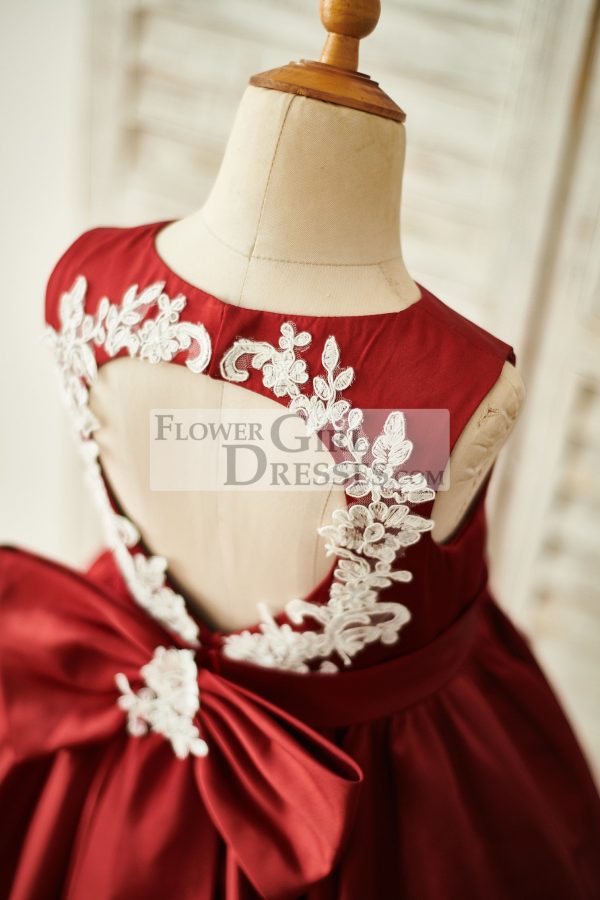 Burgundy Satin Ivory Lace Keyhole Back Wedding Flower Girl Dress - Image 4