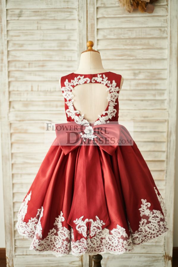 Burgundy Satin Ivory Lace Keyhole Back Wedding Flower Girl Dress - Image 2