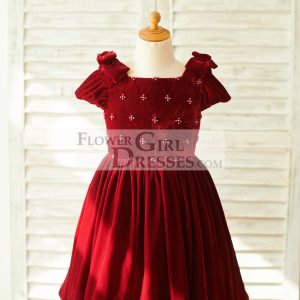 Burgundy Velvet Corset Back Cap Sleeves Wedding Flower Girl Dress