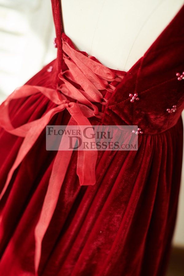 Burgundy Velvet Corset Back Cap Sleeves Wedding Flower Girl Dress - Image 4