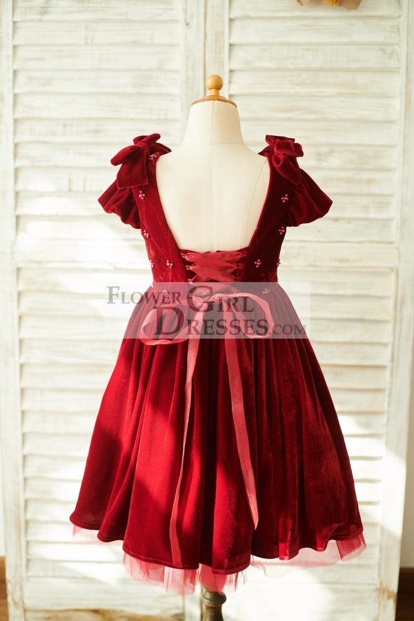 Burgundy Velvet Corset Back Cap Sleeves Wedding Flower Girl Dress - Image 2
