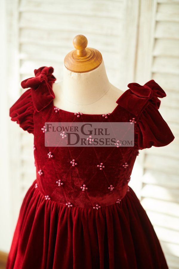 Burgundy Velvet Corset Back Cap Sleeves Wedding Flower Girl Dress - Image 3