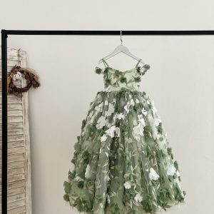 Off-Shoulder Green 3D Lace Flower Tulle Wedding Flower Girl Dress Kids Pageant Gown