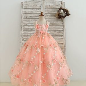 Pink 3D Flowers Sweetheart Ball Gown Wedding Party Flower Girl Dress
