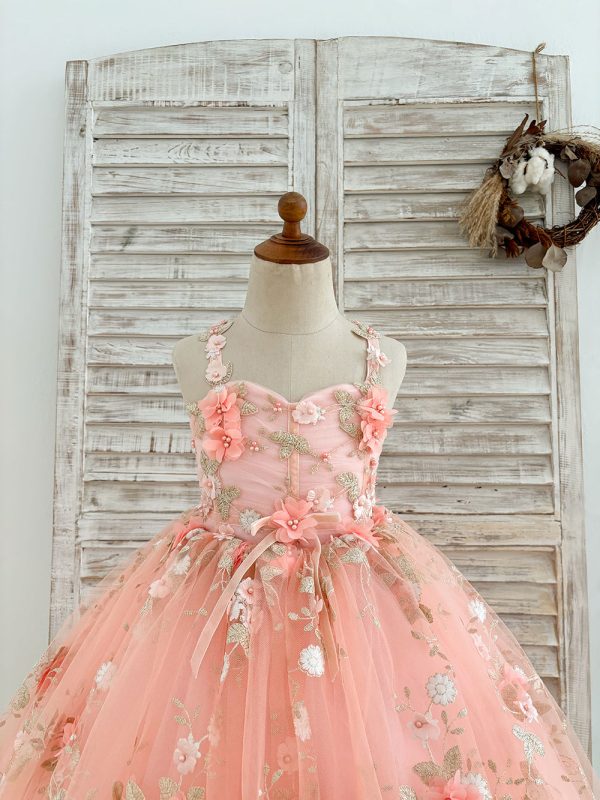 Pink 3D Flowers Sweetheart Ball Gown Wedding Party Flower Girl Dress - Image 3