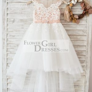 Cap Sleeves Ivory Lace Tulle Hi Low V Back Wedding Party Flower Girl Dress