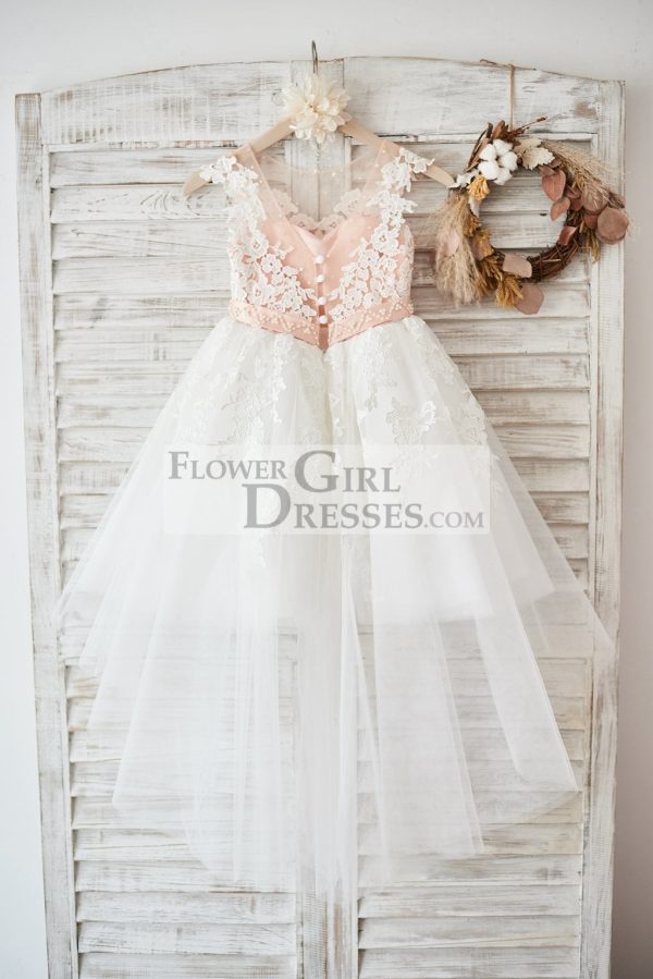 Cap Sleeves Ivory Lace Tulle Hi Low V Back Wedding Party Flower Girl Dress - Image 2