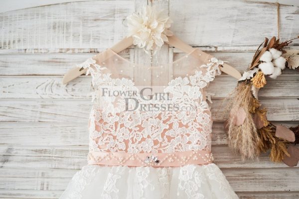 Cap Sleeves Ivory Lace Tulle Hi Low V Back Wedding Party Flower Girl Dress - Image 3