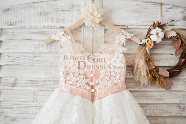 Cap Sleeves Ivory Lace Tulle Hi Low V Back Wedding Party Flower Girl Dress - Image 4