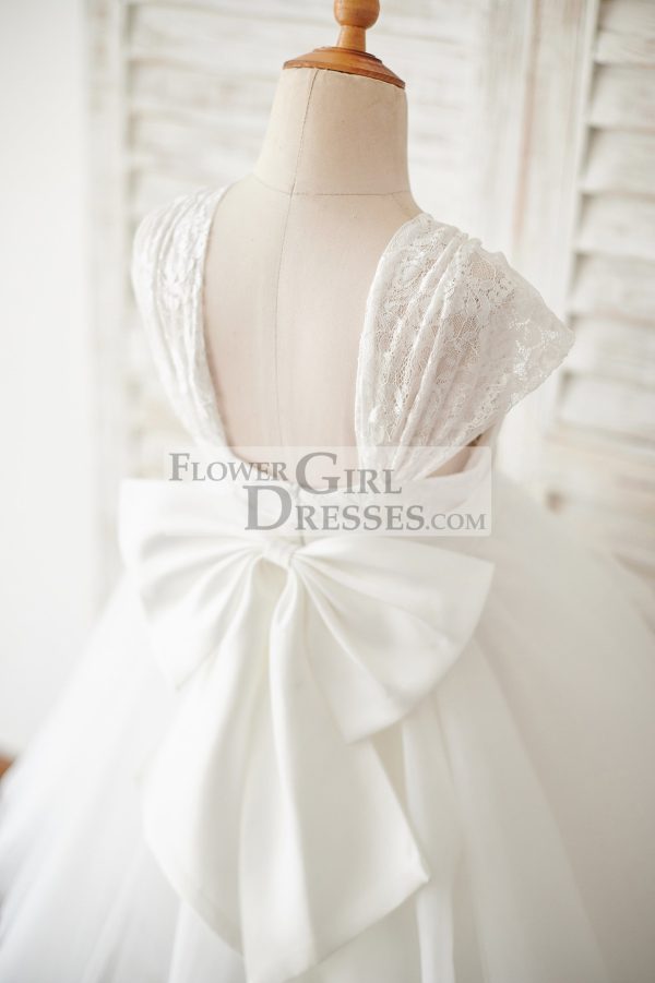 Cap Sleeves Ivory Lace Tulle Wedding Flower Girl Dress, Big Bow - Image 4