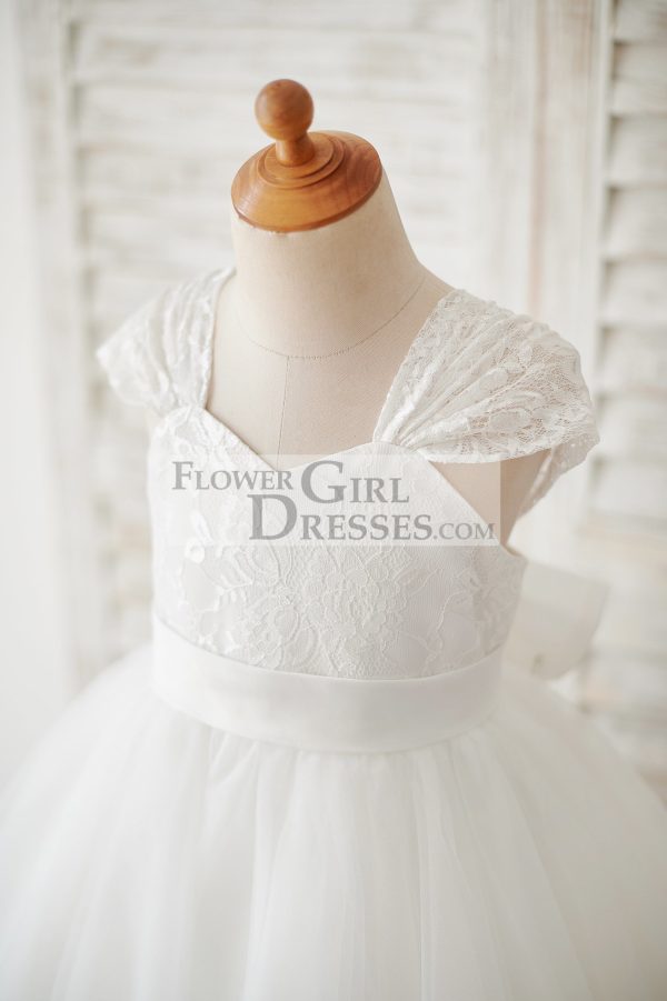 Cap Sleeves Ivory Lace Tulle Wedding Flower Girl Dress, Big Bow - Image 3