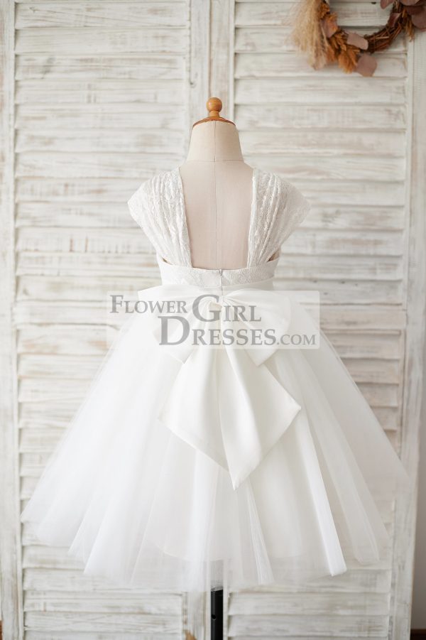 Cap Sleeves Ivory Lace Tulle Wedding Flower Girl Dress, Big Bow - Image 2