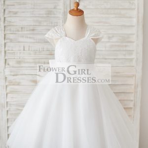 Cap Sleeves Ivory Lace Tulle Wedding Flower Girl Dress, Big Bow