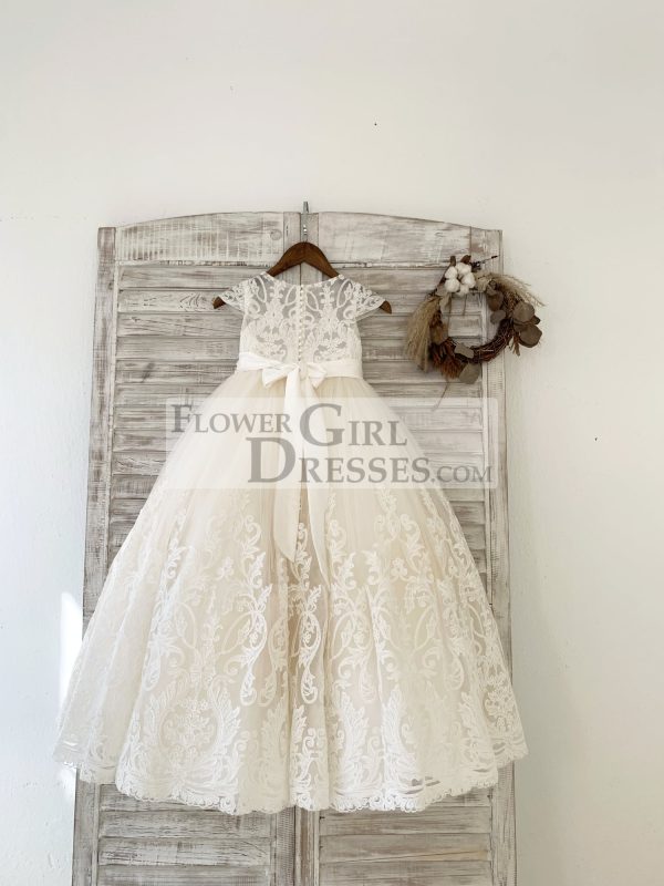 Cap Sleeves Lace Champagne Tulle Wedding Flower Girl Dress, Beaded Belt - Image 2