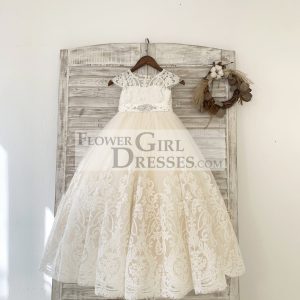 Cap Sleeves Lace Champagne Tulle Wedding Flower Girl Dress, Beaded Belt
