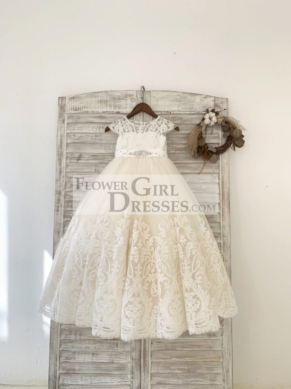 Cap Sleeves Lace Champagne Tulle Wedding Flower Girl Dress, Beaded Belt