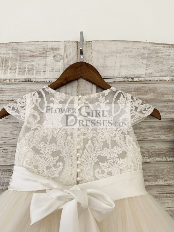 Cap Sleeves Lace Champagne Tulle Wedding Flower Girl Dress, Beaded Belt - Image 5
