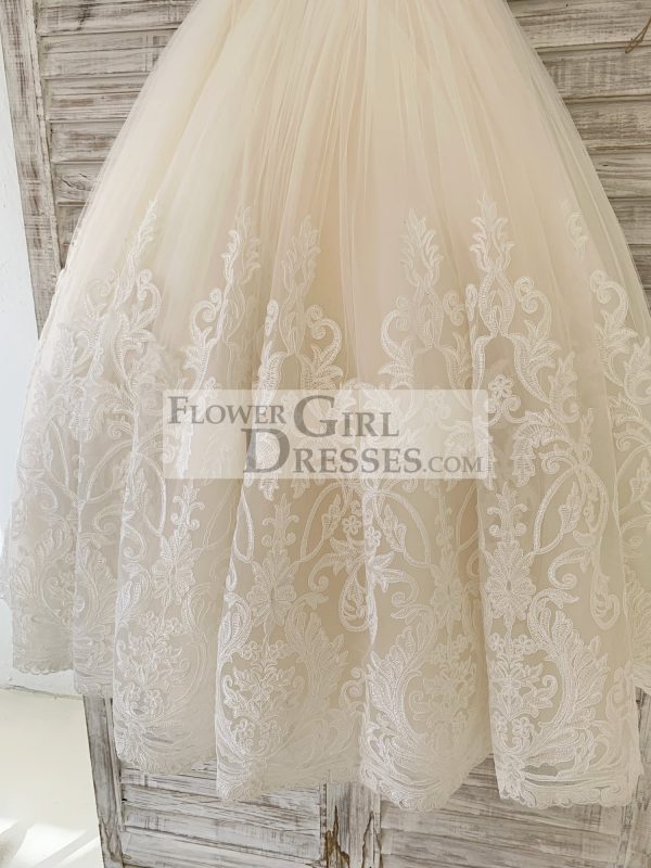 Cap Sleeves Lace Champagne Tulle Wedding Flower Girl Dress, Beaded Belt - Image 6