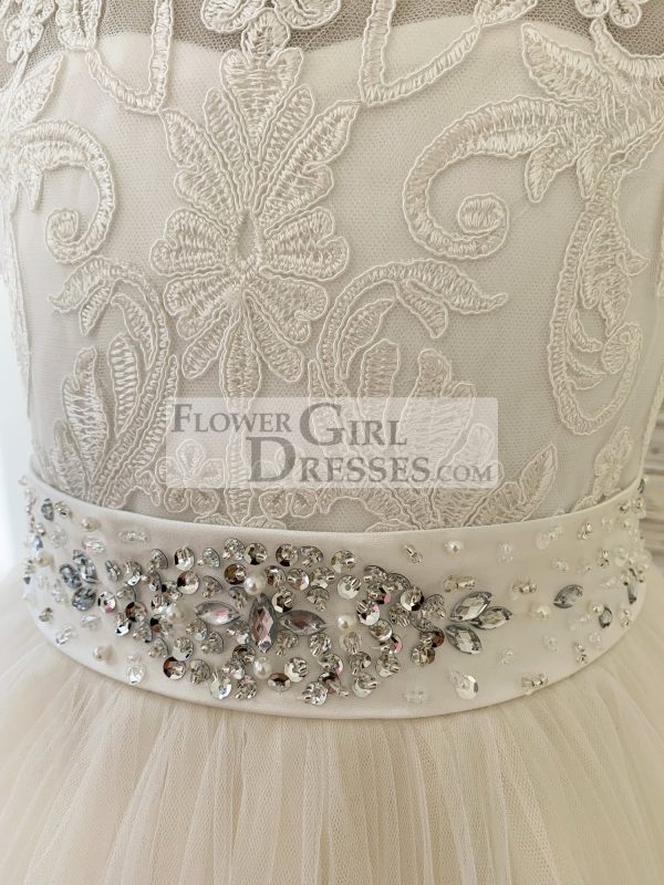 Cap Sleeves Lace Champagne Tulle Wedding Flower Girl Dress, Beaded Belt - Image 4