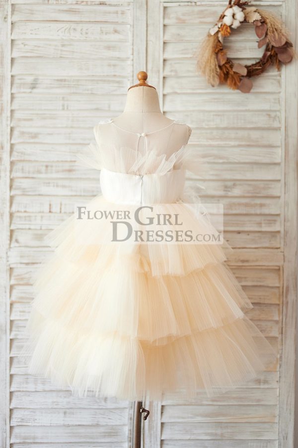 Champagne Cupcake Tulle Beaded Lace Wedding Flower Girl Dress - Image 2