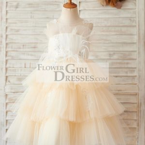 Champagne Cupcake Tulle Beaded Lace Wedding Flower Girl Dress
