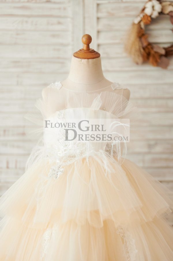 Champagne Cupcake Tulle Beaded Lace Wedding Flower Girl Dress - Image 3