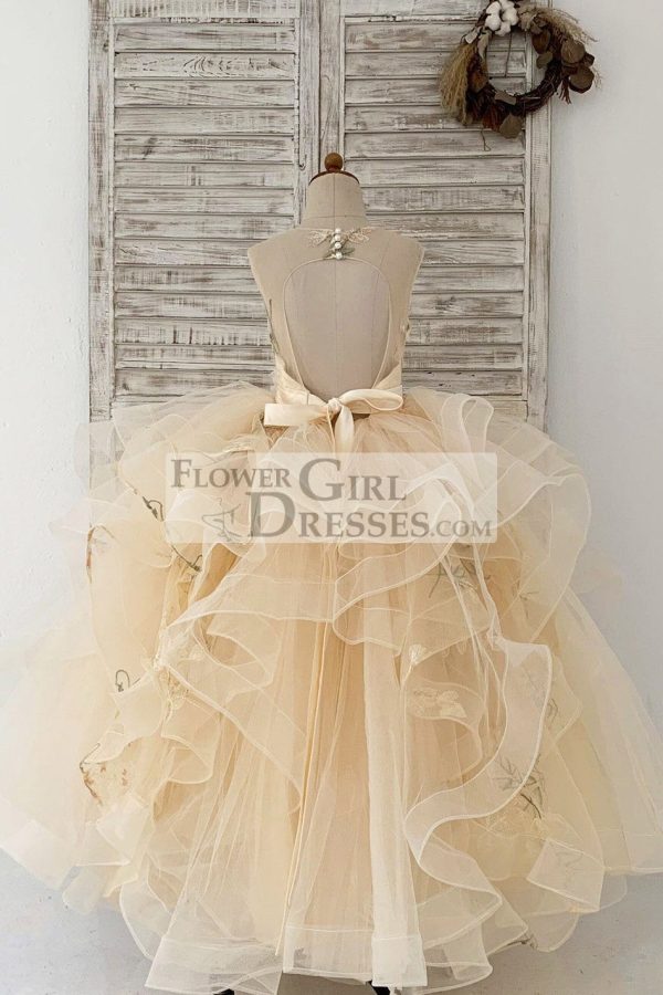 Champagne Embroidery Lace Tulle Keyhole Back Wedding Flower Girl Dress - Image 2