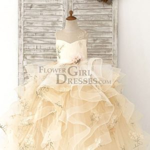 Champagne Embroidery Lace Tulle Keyhole Back Wedding Flower Girl Dress