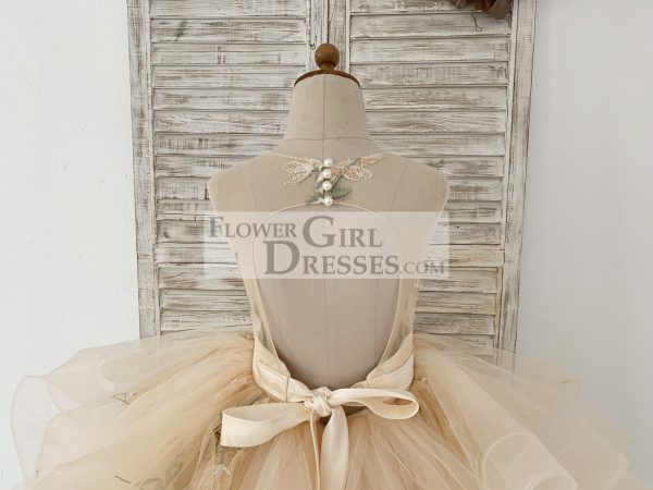 Champagne Embroidery Lace Tulle Keyhole Back Wedding Flower Girl Dress - Image 6