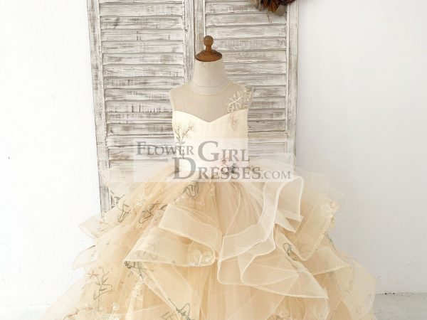 Champagne Embroidery Lace Tulle Keyhole Back Wedding Flower Girl Dress - Image 3