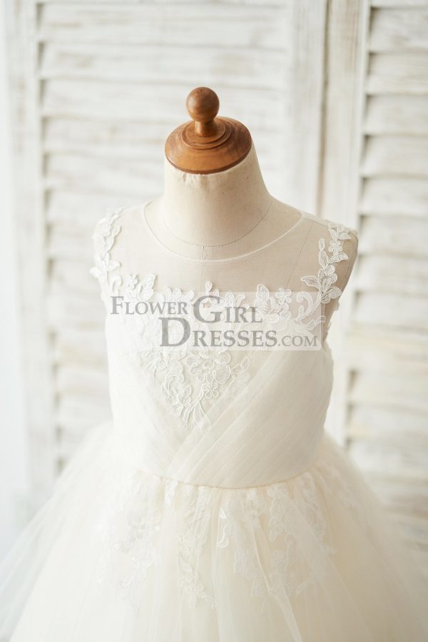 Champagne Lace Tulle Keyhole Back Wedding Flower Girl Dress - Image 3
