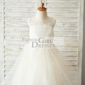 Champagne Lace Tulle Keyhole Back Wedding Flower Girl Dress