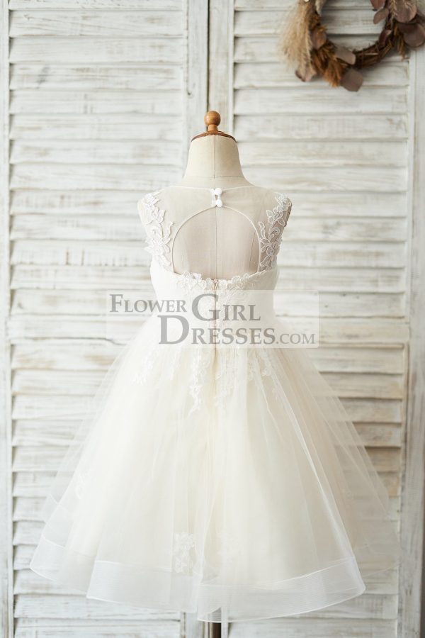 Champagne Lace Tulle Keyhole Back Wedding Flower Girl Dress - Image 2