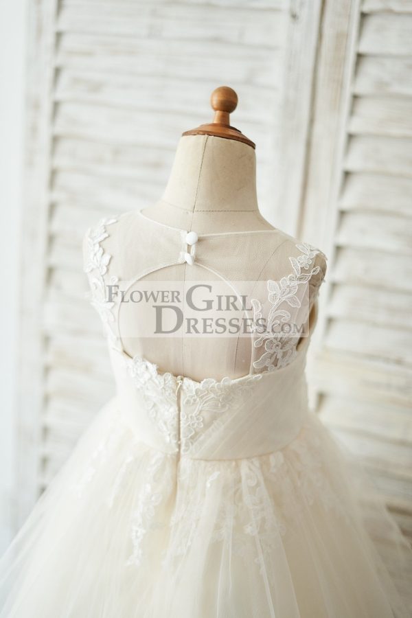 Champagne Lace Tulle Keyhole Back Wedding Flower Girl Dress - Image 4