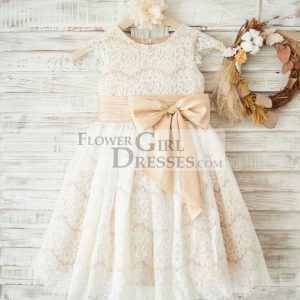 Champagne Satin Ivory Lace Cap Sleeves Wedding Flower Girl Dress, Bow