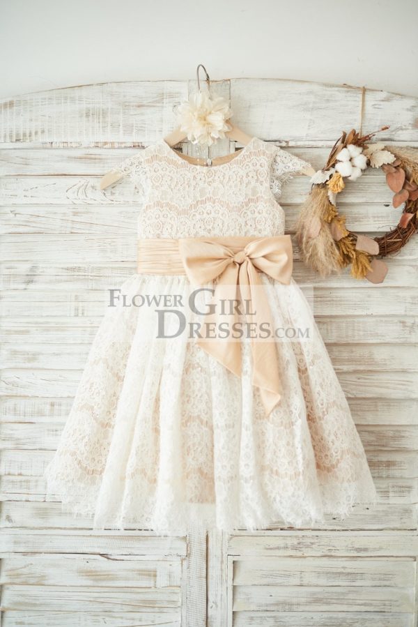 Champagne Satin Ivory Lace Cap Sleeves Wedding Flower Girl Dress, Bow