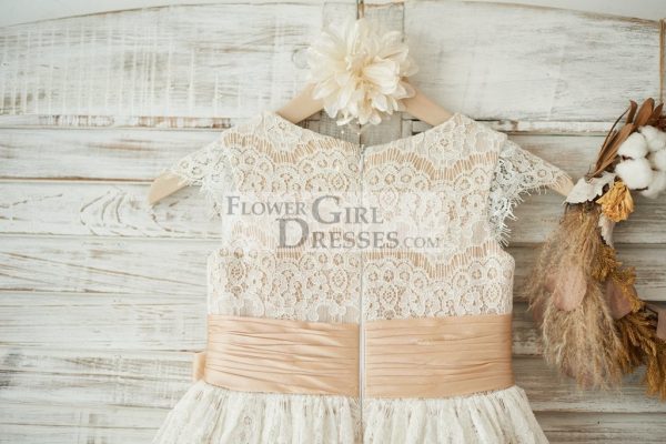 Champagne Satin Ivory Lace Cap Sleeves Wedding Flower Girl Dress, Bow - Image 4