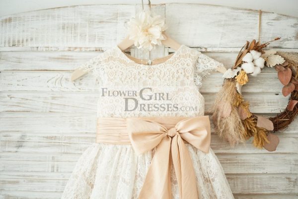 Champagne Satin Ivory Lace Cap Sleeves Wedding Flower Girl Dress, Bow - Image 3