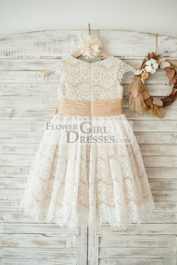 Champagne Satin Ivory Lace Cap Sleeves Wedding Flower Girl Dress, Bow - Image 2