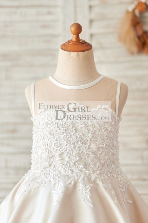 Champagne Satin Ivory Lace Sheer Back Wedding Flower Girl Dress - Image 3