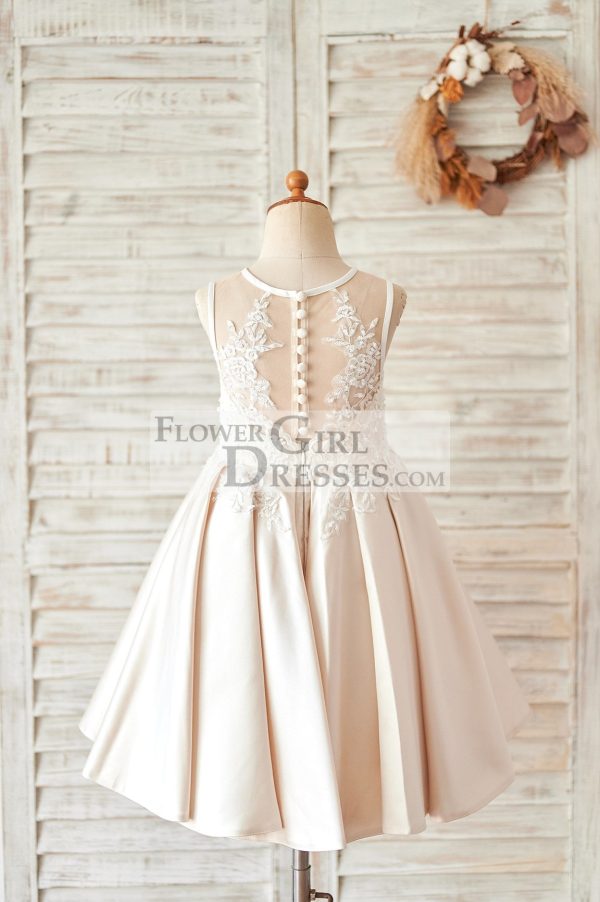 Champagne Satin Ivory Lace Sheer Back Wedding Flower Girl Dress - Image 2