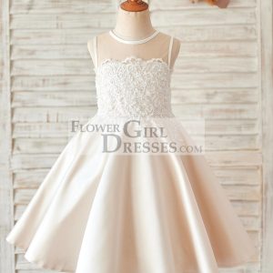 Champagne Satin Ivory Lace Sheer Back Wedding Flower Girl Dress
