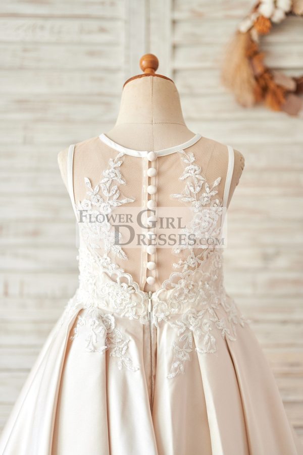 Champagne Satin Ivory Lace Sheer Back Wedding Flower Girl Dress - Image 4
