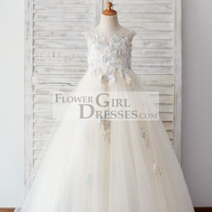 Champagne Tulle Beaded Lace V Back Wedding Flower Girl Dress