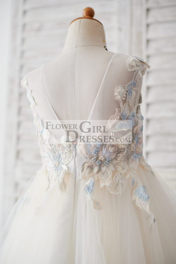 Champagne Tulle Beaded Lace V Back Wedding Flower Girl Dress - Image 4